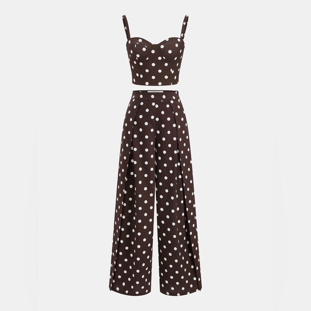 Commense Brown and White Polka Dot Wide-Leg Jumpsuit